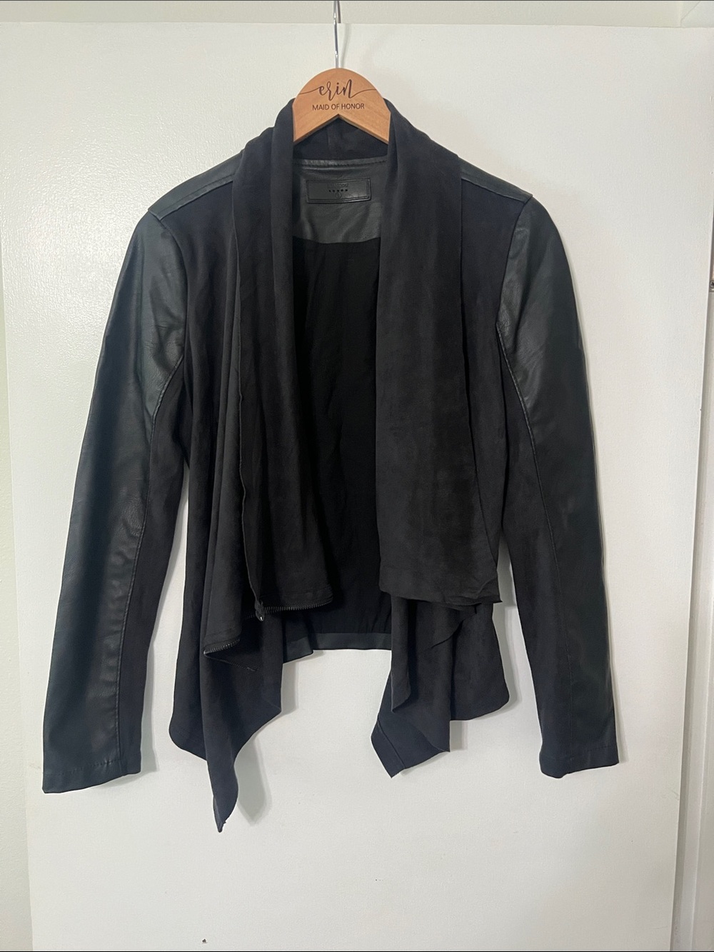 Blank NYC Black Mixed-Media Leather-Sleeve Draped Jacket